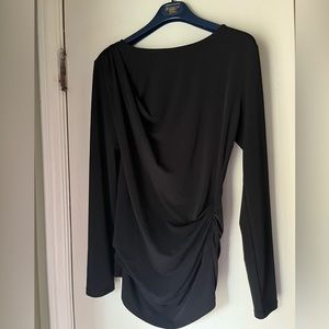 Halogen women’s black shirred dress blouse.  Essential layer for Fall/Winter.